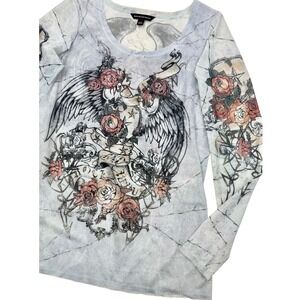 Rock & Republic Sheer Mesh Tattoo Graphic Long Sleeve Blouse Medium